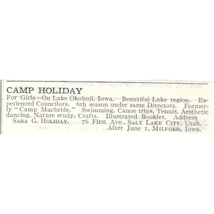 Camp Holiday Lake Okoboji Iowa Sara G. Holiday c1918 Advertisement AE5-SA10