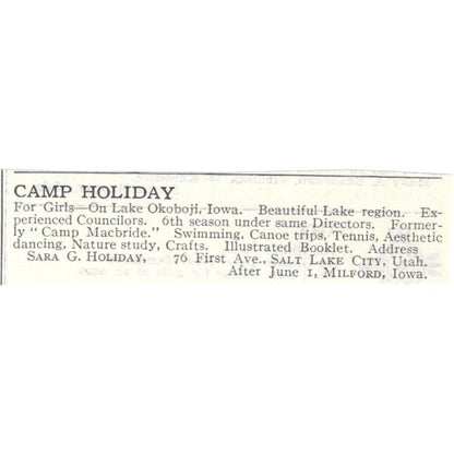 Camp Holiday Lake Okoboji Iowa Sara G. Holiday c1918 Advertisement AE5-SA10