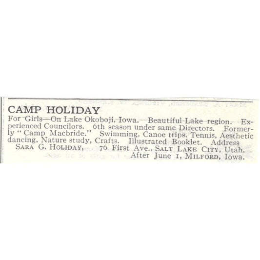 Camp Holiday Lake Okoboji Iowa Sara G. Holiday c1918 Advertisement AE5-SA10
