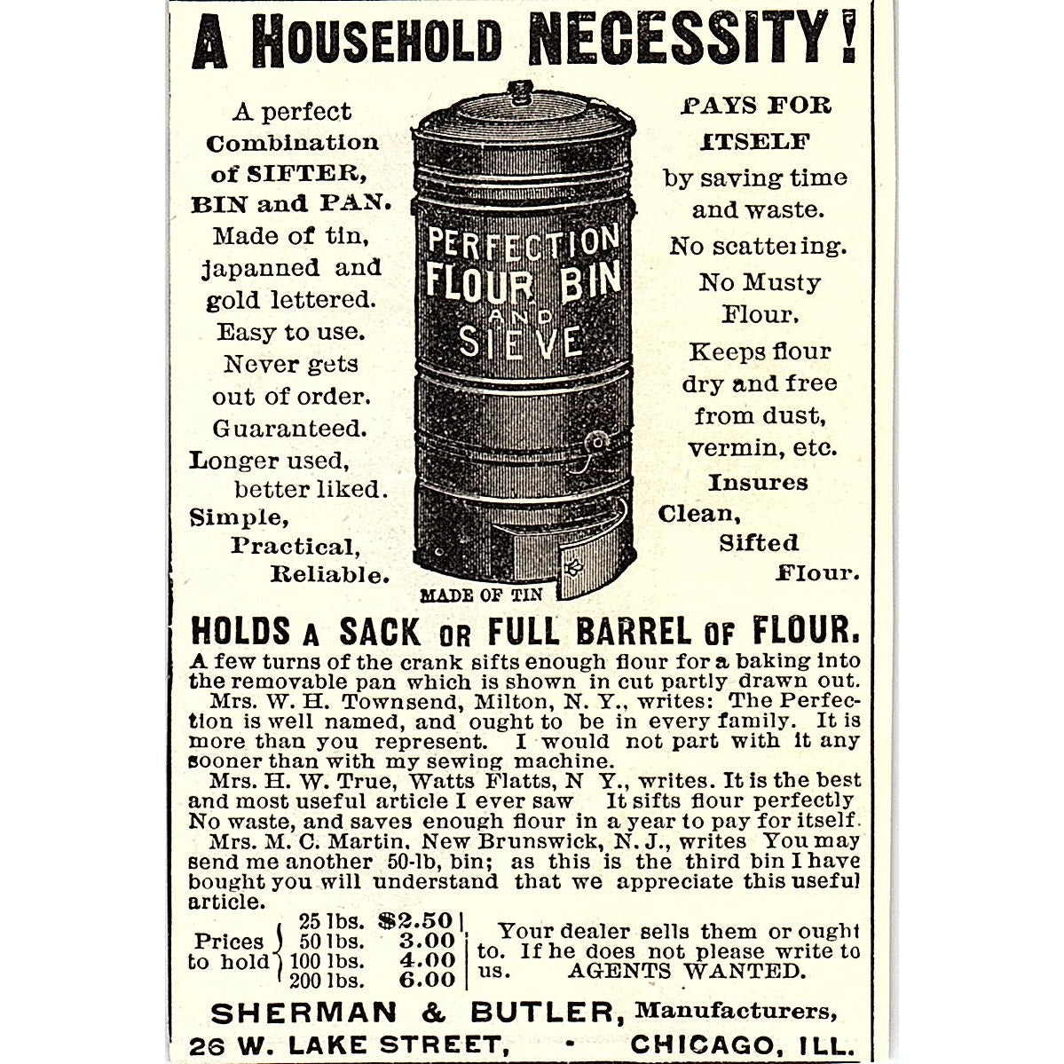 Perfection Flour Bin and Sieve Sherman & Butler Chicago 1892 Ad AG2-M12