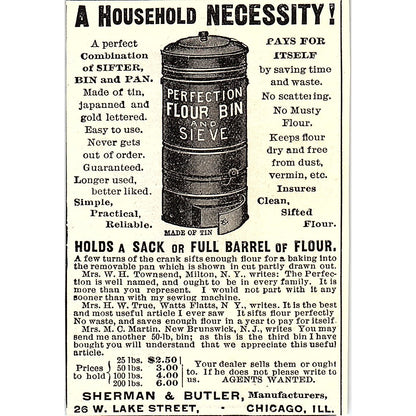 Perfection Flour Bin and Sieve Sherman & Butler Chicago 1892 Ad AG2-M12
