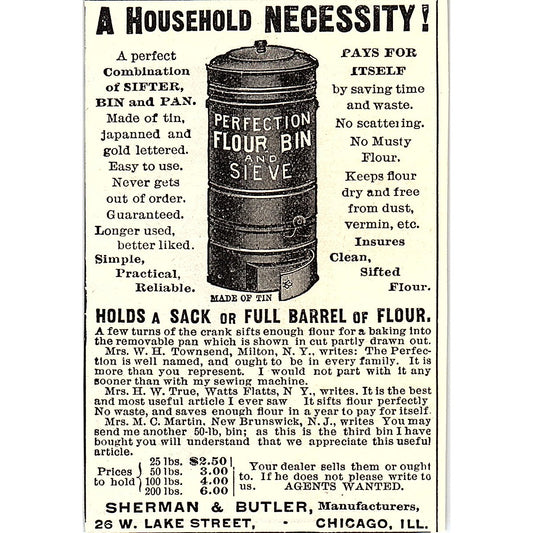 Perfection Flour Bin and Sieve Sherman & Butler Chicago 1892 Ad AG2-M12