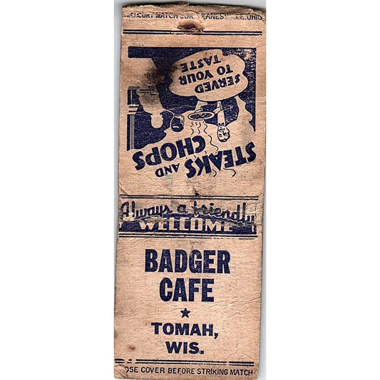 Badger Cafe Tomah WI Vintage Matchbook Cover SC7-Y10