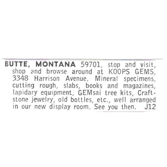 Koops Gems Lapidary Supply Shop Butte Montana 1972 Ad AF8-S25