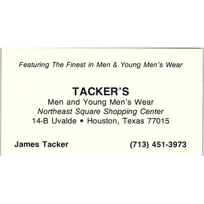 James Tacker Men's Wear Houston Vintage Business Card SD9-B7