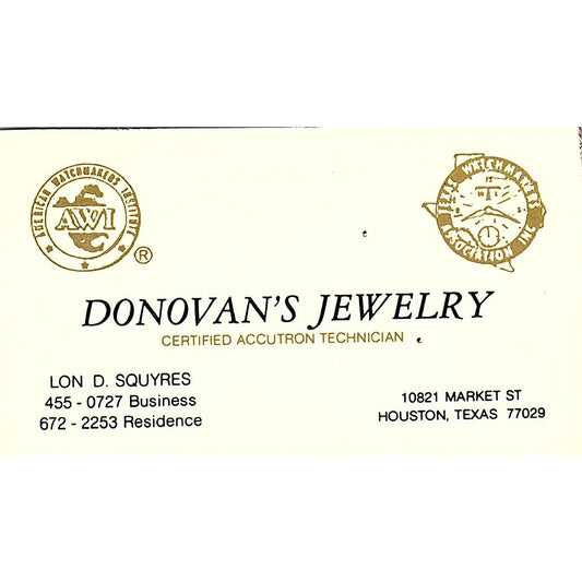 Donovan's Jewelry  Lon D. Squyres Houston Texas Vintage Business Card SF3-B9