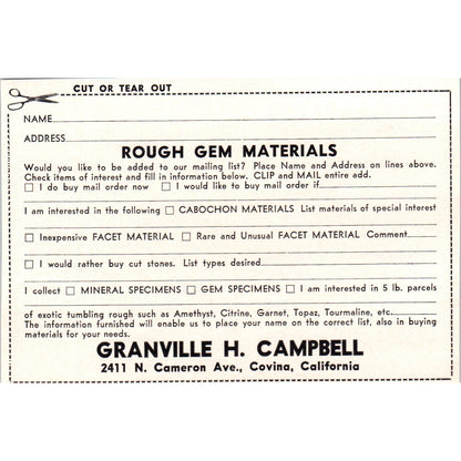 Granville H. Campbell Rough Gem Materials Covina CA 1964 Magazine Ad AB6-LL1