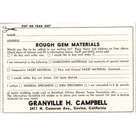 Granville H. Campbell Rough Gem Materials Covina CA 1964 Magazine Ad AB6-LL1