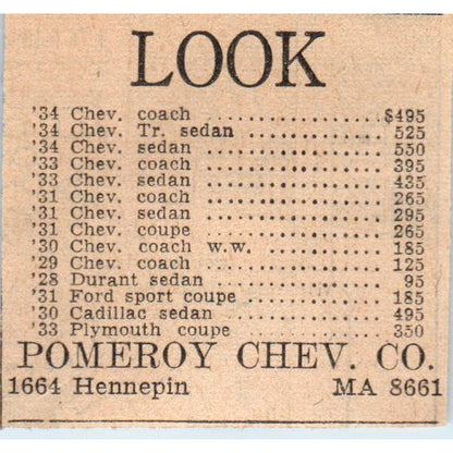 Pomeroy Chevrolet Chevy Co Hennepin 1935 Minneapolis Journal Ad AE7-H2