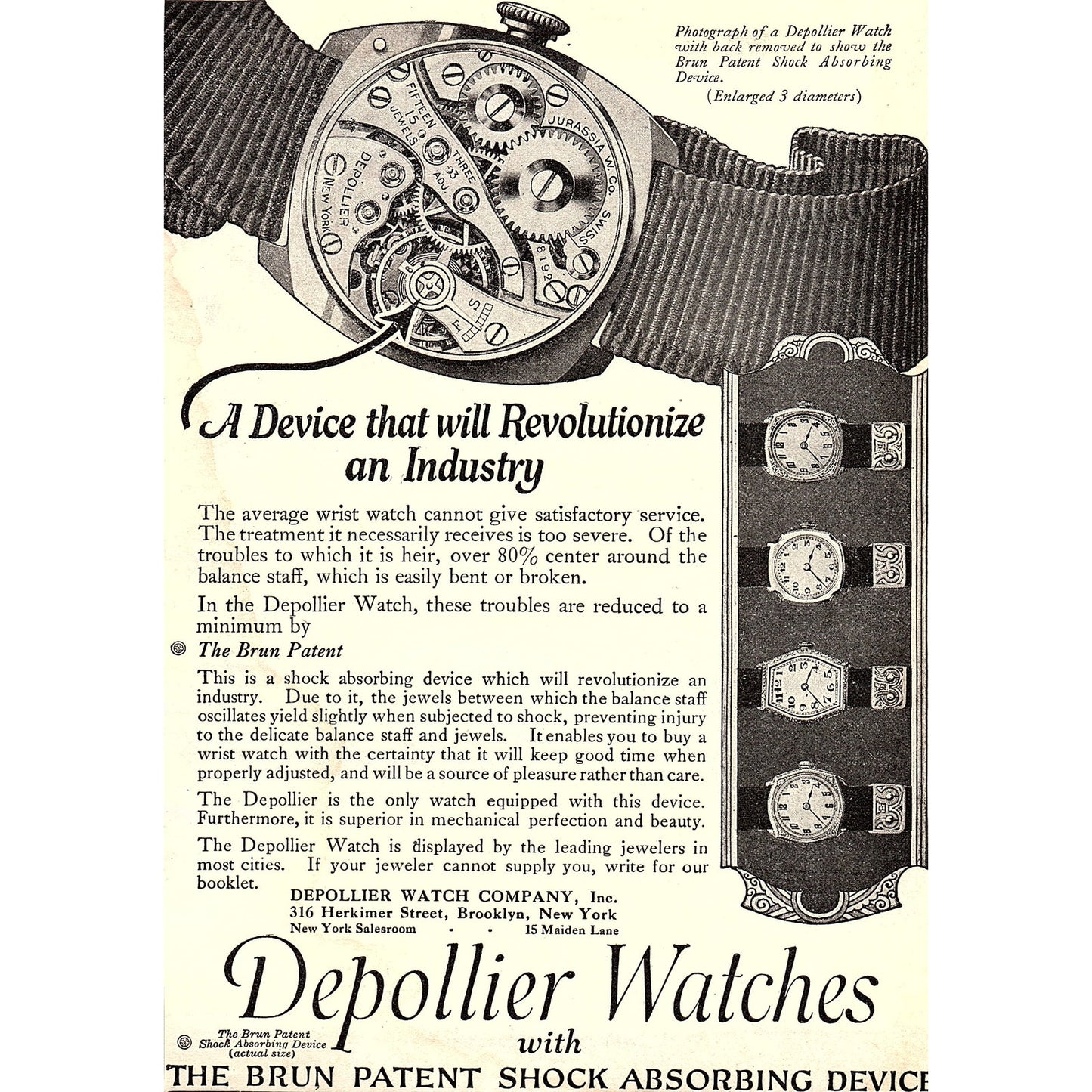 Depollier Watch Company Brun Patent Shock Absorber Brooklyn NY c1920 Ad AF8-7