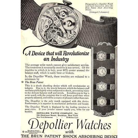 Depollier Watch Company Brun Patent Shock Absorber Brooklyn NY c1920 Ad AF8-7