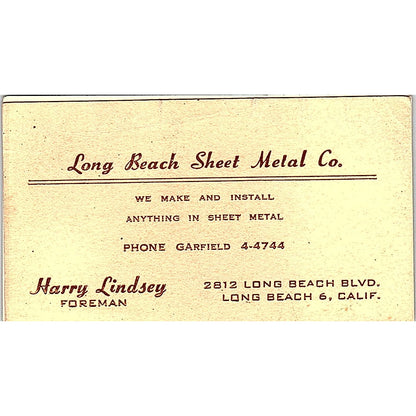 Harry Lindsey Long Beach Sheet Metal Co CA Vintage Business Card SC9-B12