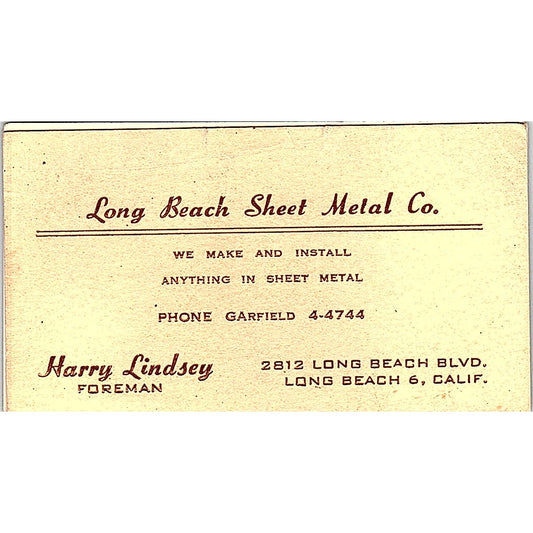 Harry Lindsey Long Beach Sheet Metal Co CA Vintage Business Card SC9-B12