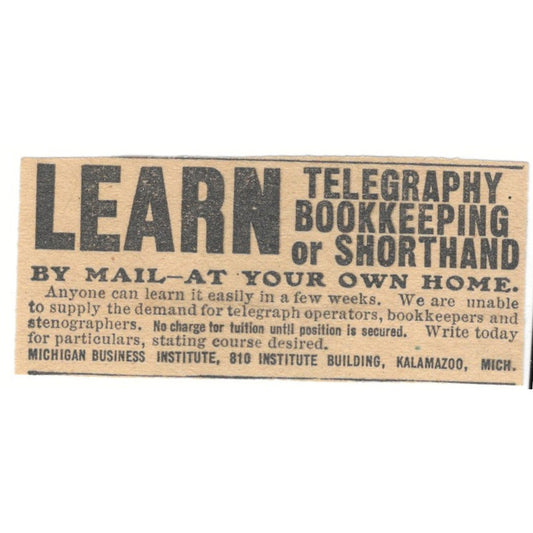 Learn Telegraphy Bookkeeping MI Business Institute 1910 Magazine Ad AF1-SS6