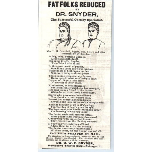 Fat Folks Reduced by Dr. O.W.F. Snyder Chicago c1890 Victorian Ad AE8-CH4