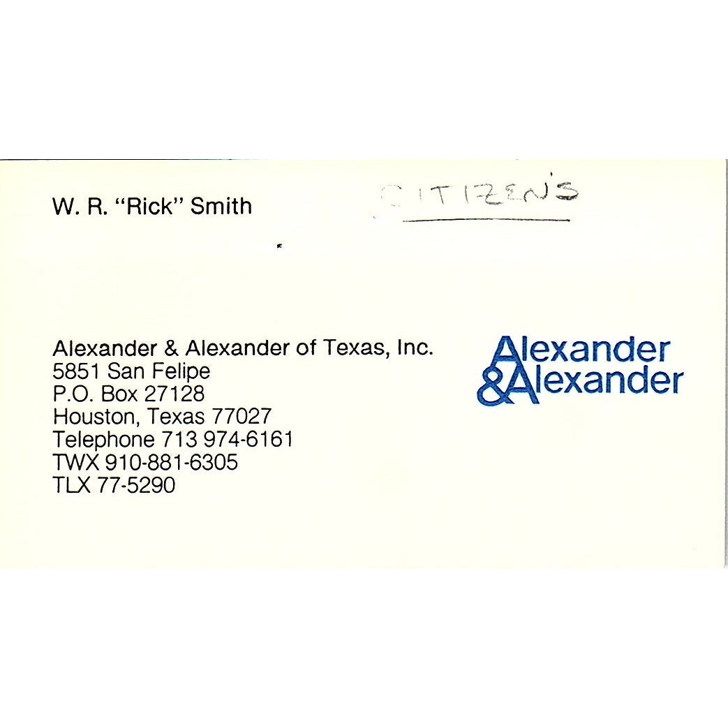 W.R. Rick Smith Alexander & Alexander Houston Vintage Business Card SD9-B6