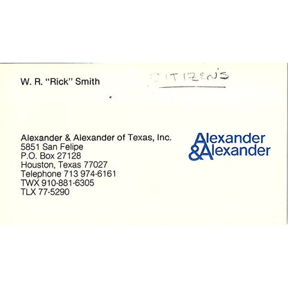 W.R. Rick Smith Alexander & Alexander Houston Vintage Business Card SD9-B6