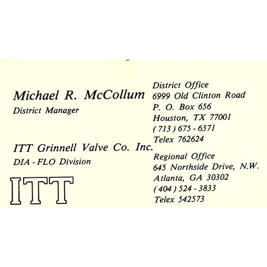 Michael R McCollum Atlanta GA ITT Grinnell Corp Vintage Business Card SE5-B1