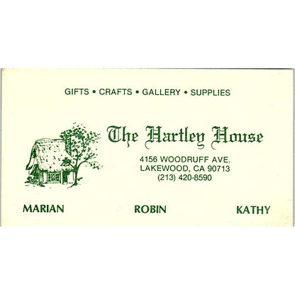 The Hartley House Marian Robin Kathy Lakewood CA Vintage Business Card SF3-B4