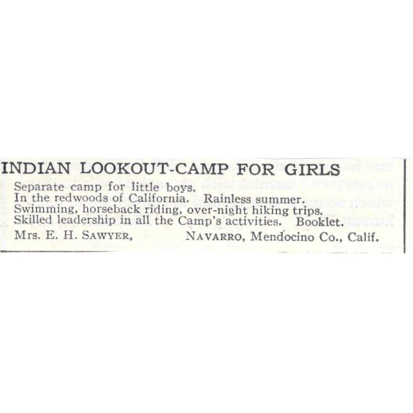 Indian Lookout Camp for Girls E.H Sawyer Navarro CA c1918 Advertisement AE5-SA10