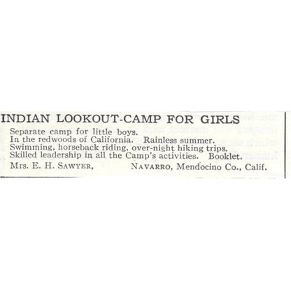 Indian Lookout Camp for Girls E.H Sawyer Navarro CA c1918 Advertisement AE5-SA10