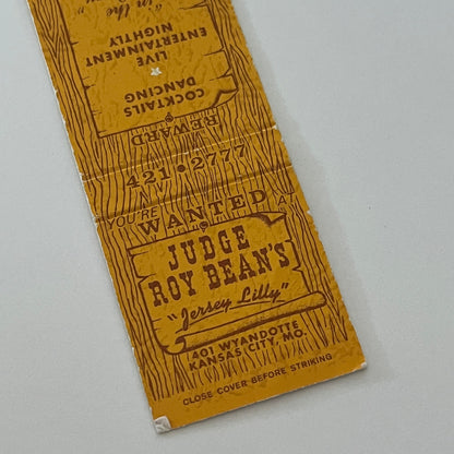 Judge Roy Bean's Jersey Lilly Restaurant Kansas City Matchbook Cover TB6-MB2-4
