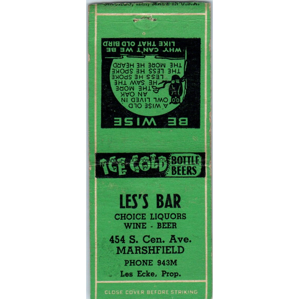 Les's Bar Les Ecke Marshfield Vintage Matchbook Cover SD2-Y5