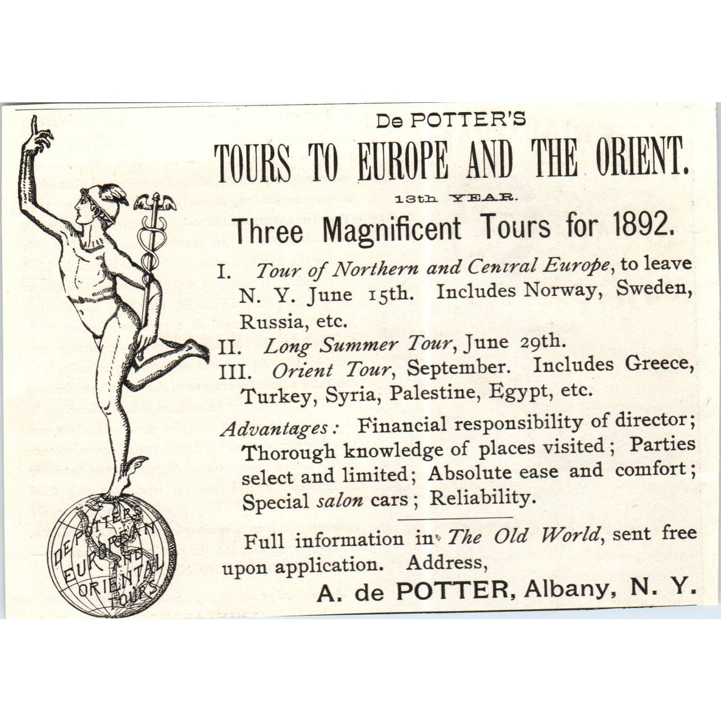 A. De Potter Tours to Europe & The Orient, Albany NY c1890 Victorian Ad AE8-CH2