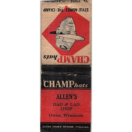 Allen's Dad & Lad Shop Champ Hats Owen WI Vintage Matchbook Cover SF3-Y2