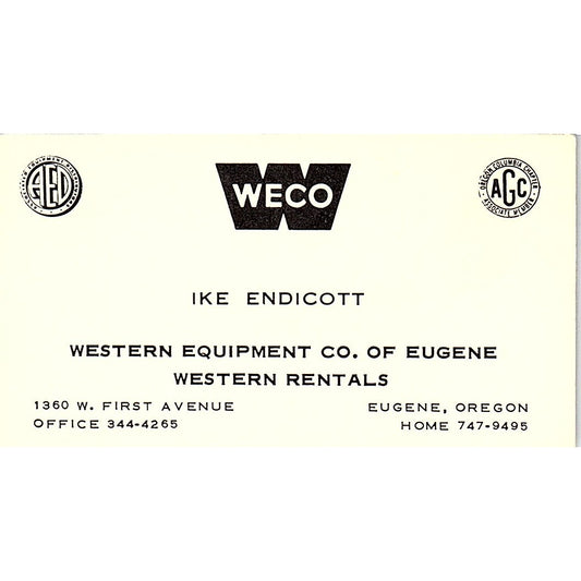 Western Equipment Co. Of Eugene Ike Endicott Eugene Oregon Business Card SB4-B5