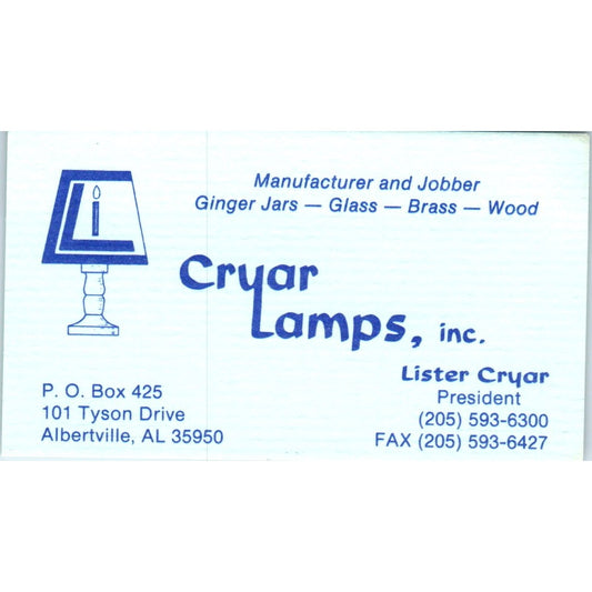 Cryar Lamps Inc Lister Cryar Albertville AL Vintage Business Card SD8-B18