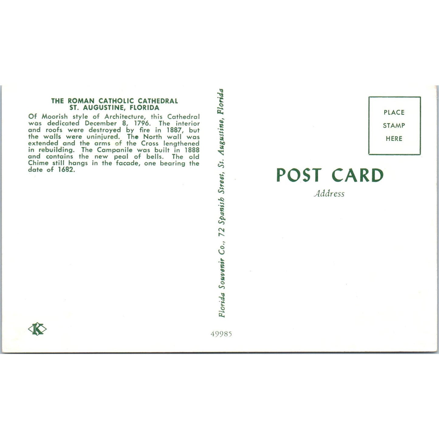 The Roman Catholic Cathedral St. Augustine FL Vintage Postcard PD1