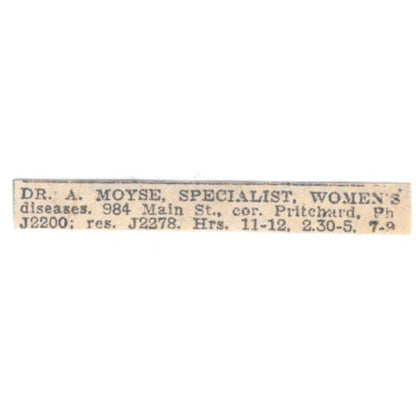 Dr A Moyse Specialist Women's Diseases Pritchard Winnipeg 1920 Ad AG2-S12