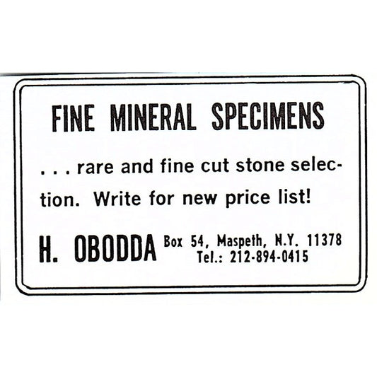 H. Obodda Fine Mineral Specimens Maspeth NY 1972 Ad AF8-M3