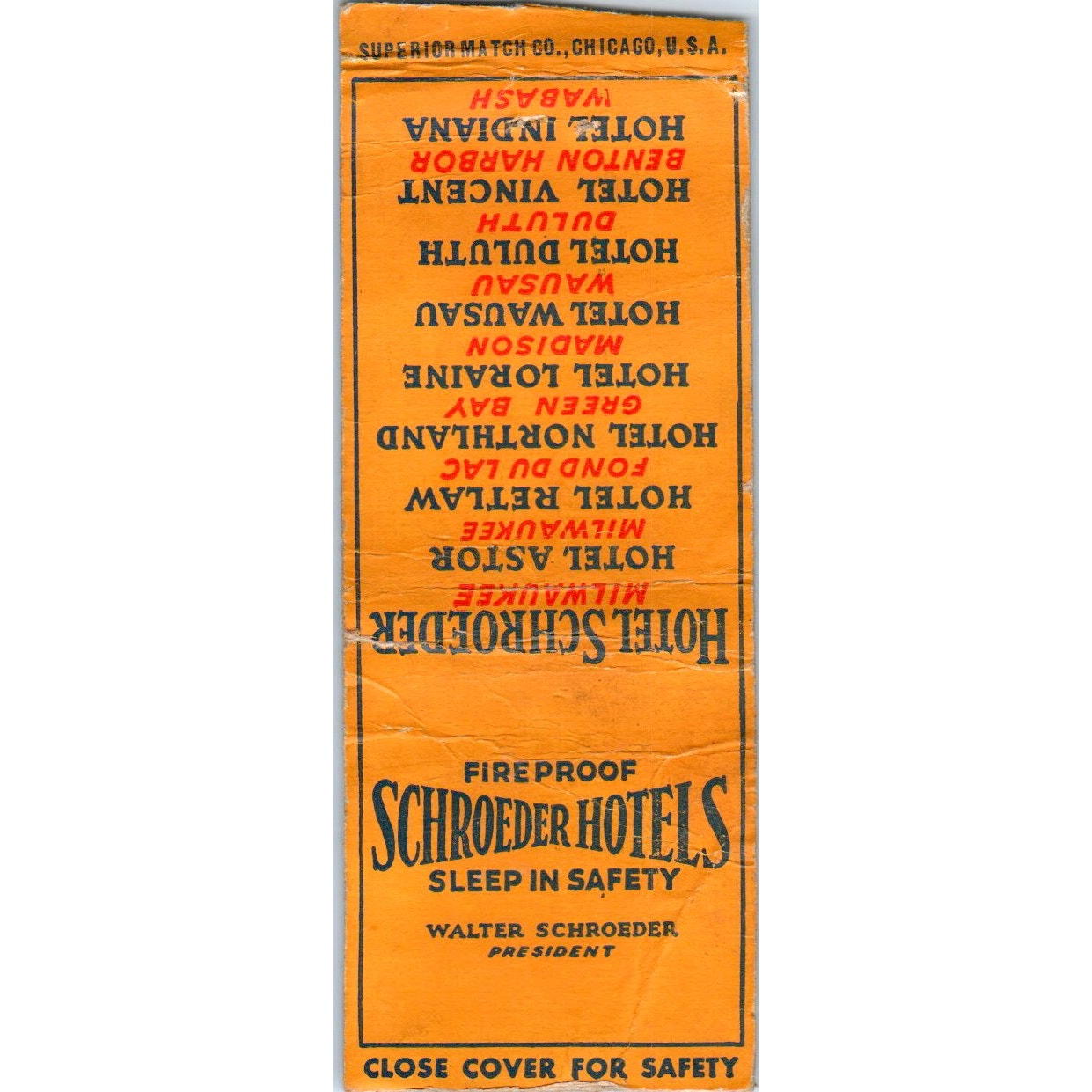 Fireproof Schroeder Hotels Walter Schroeder Vintage Matchbook Cover SD4-Y4