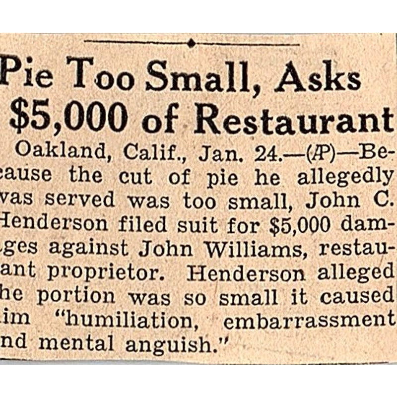 John C Henderson Lawsuit For Small Piece of Pie 1935 Newspaper Article AG6-M3