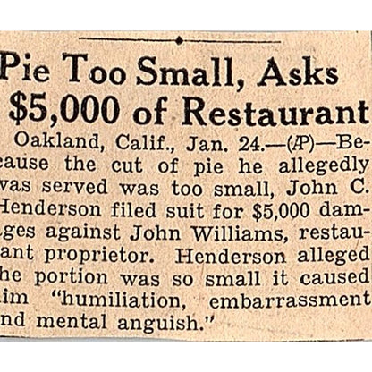 John C Henderson Lawsuit For Small Piece of Pie 1935 Newspaper Article AG6-M3