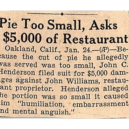 John C Henderson Lawsuit For Small Piece of Pie 1935 Newspaper Article AG6-M3