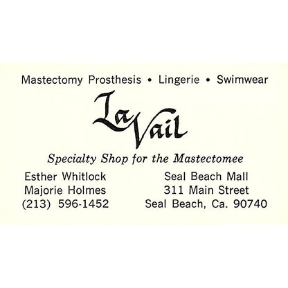 La Vail Mastectomy Specialty Shop Seal Beach CA Whitlock Holmes Vtg Card SE5-B5