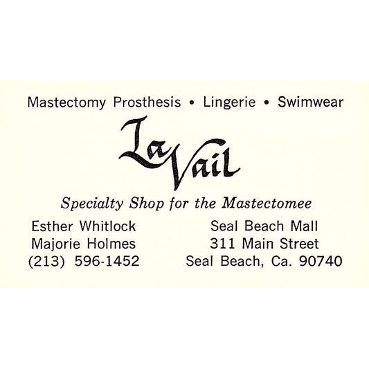 La Vail Mastectomy Specialty Shop Seal Beach CA Whitlock Holmes Vtg Card SE5-B5