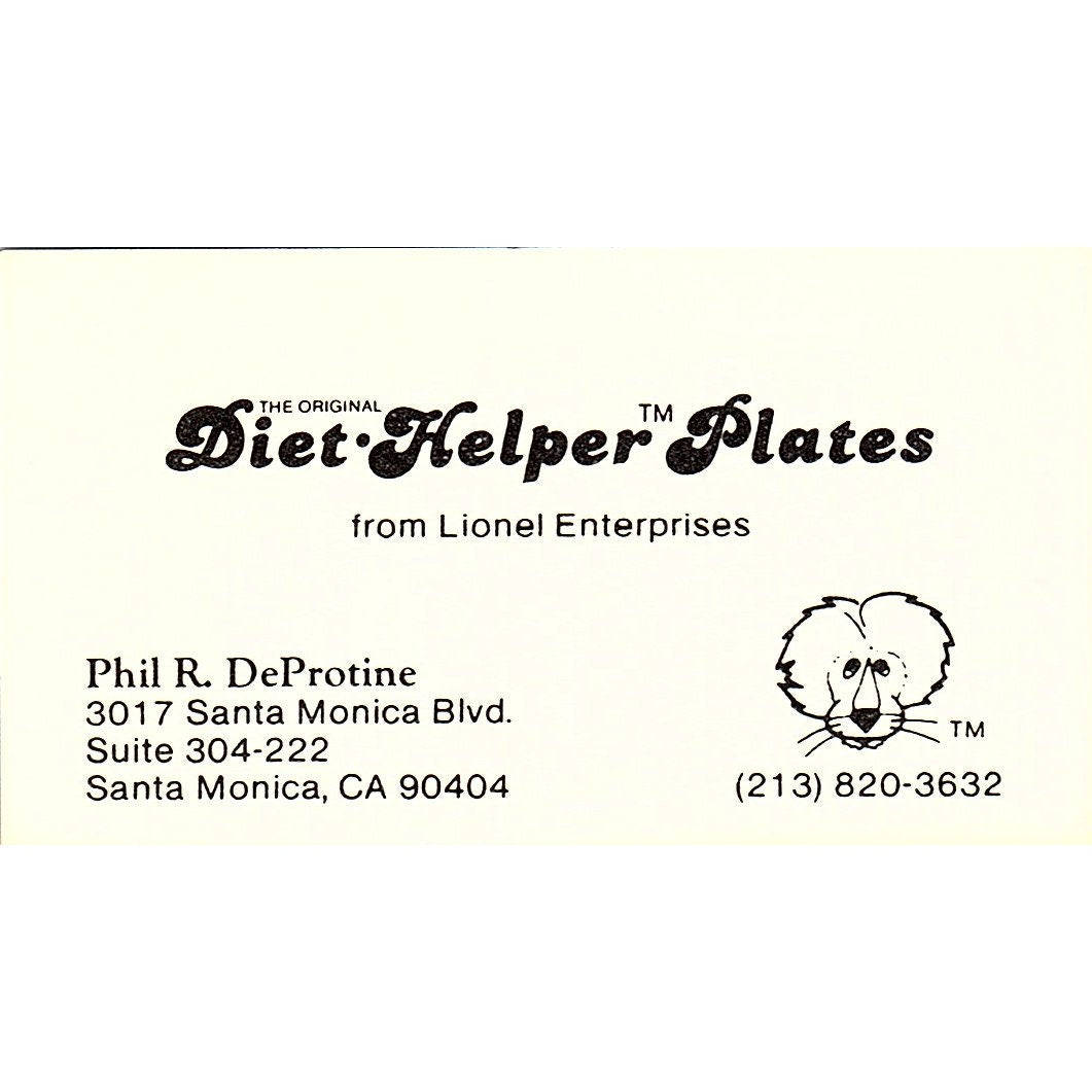 Diet Helper Plates Lionel Enterprises Phil R. DeProtine CA Business Card SB4-B8