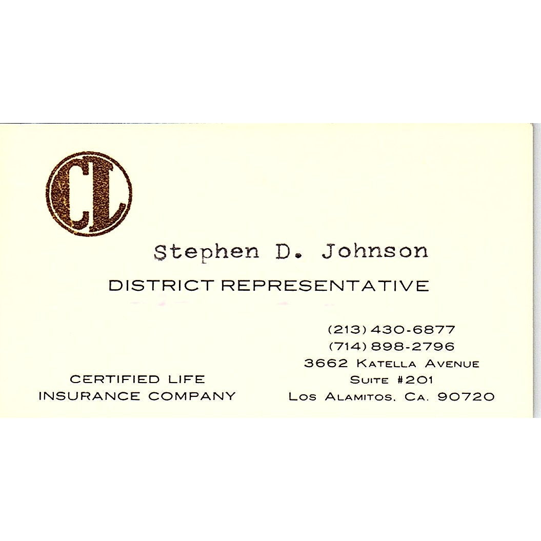 Stephen D Johnson Certified Life Los Alamitos CA Vintage Business Card SD9-B10