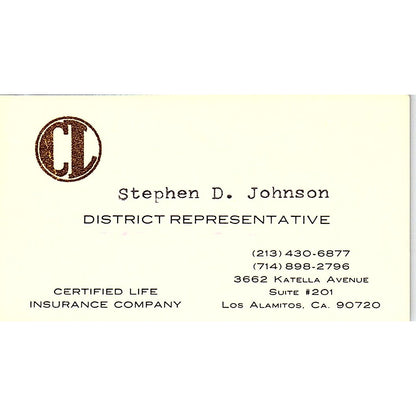 Stephen D Johnson Certified Life Los Alamitos CA Vintage Business Card SD9-B10