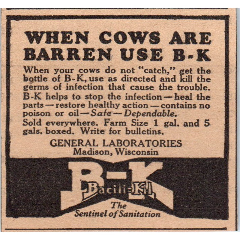 BK Bacili-Kil for Barren Cows General Laboratories Madison WI 1922 Ad AF2-S9