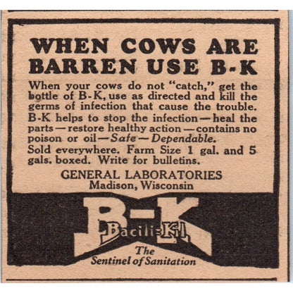 BK Bacili-Kil for Barren Cows General Laboratories Madison WI 1922 Ad AF2-S9