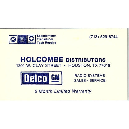 Holcombe Distributors Delco GM Houston Vintage Business Card SE3-B14
