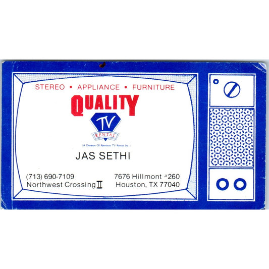 Jas Sethi Quality TV Rental Houston TX Vintage Business Card SD8-B4