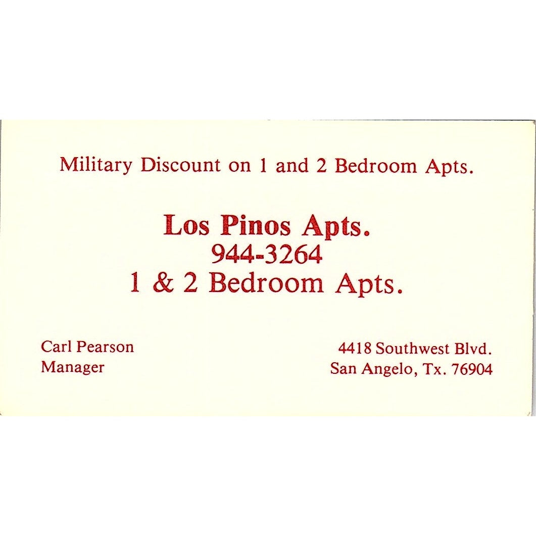 Los Pinos Apartments Carl Pearson San Angelo TX Vintage Business Card SE3-B15