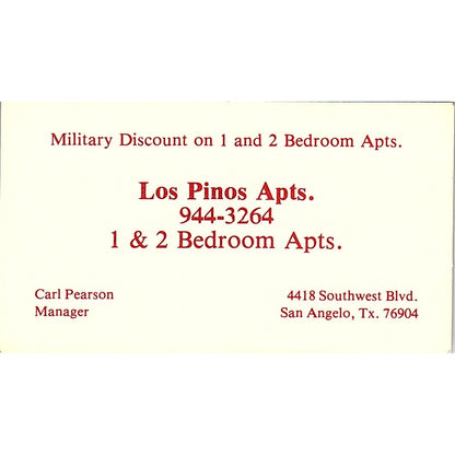 Los Pinos Apartments Carl Pearson San Angelo TX Vintage Business Card SE3-B15