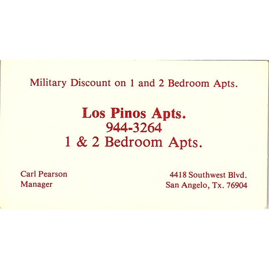 Los Pinos Apartments Carl Pearson San Angelo TX Vintage Business Card SE3-B15